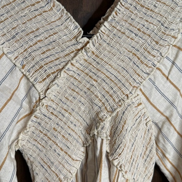 Hummingbird Criss Cross long sleeve ivory 100% rayon top blue gold pinstripe L - Picture 3 of 6